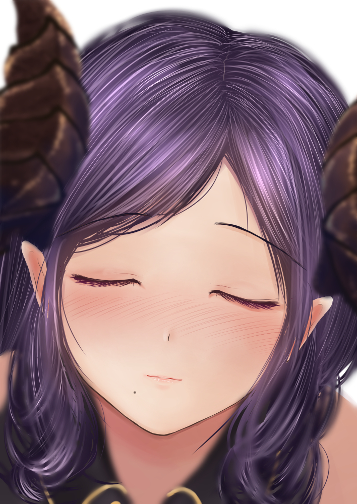1girl, blush, close-up, closed_eyes, dc24v, demon_girl, demon_horns, embarrassed