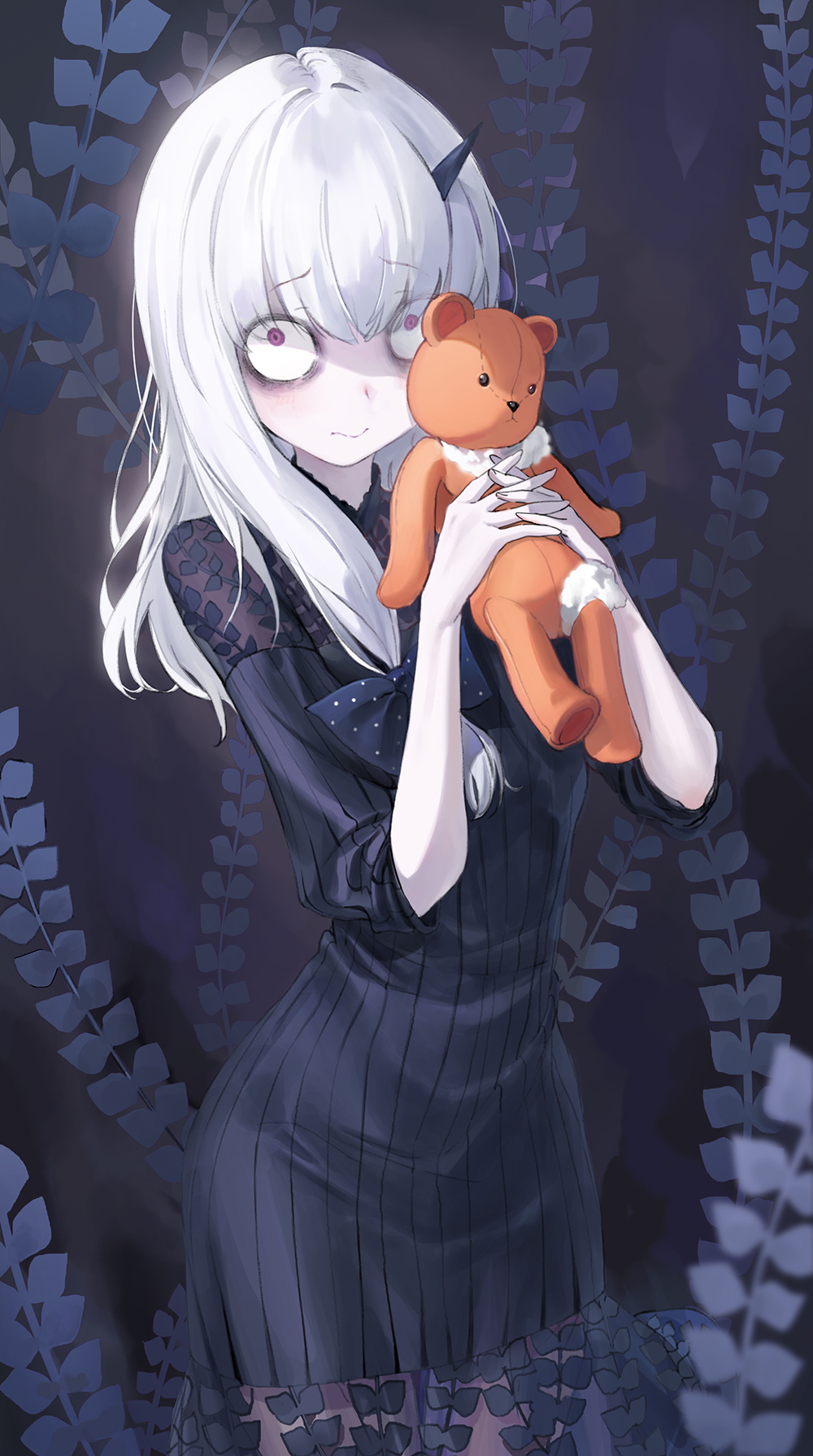 1girl, bags_under_eyes, bangs, black_bow, black_dress, bow, closed_mouth, commentary_request