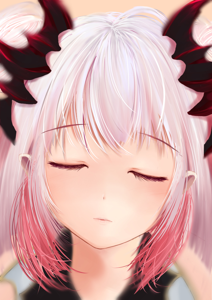 1girl, bangs, blush, close-up, closed_eyes, dc24v, demon_girl, double_bun