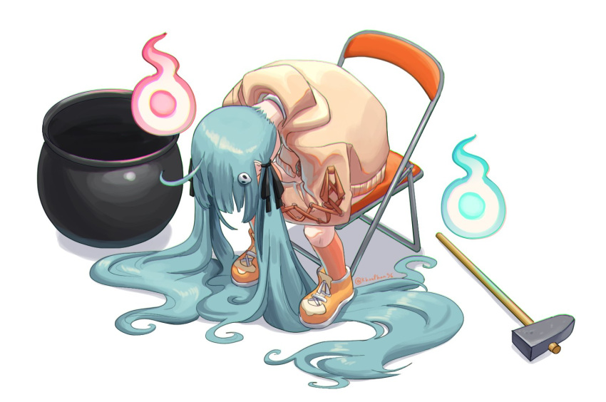 1girl, aqua_hair, beige_hoodie, bent_over, black_ribbon, chair, cyberlive, english_commentary, folding_chair, getting_over_it, hair_behind_ear, hair_ribbon, hammer, highres, inami_yoki, khoaphan96, long_hair, meme, neon_genesis_evangelion, orange_footwear, ribbon, shoes, sitting, sneakers, solo, twitter_username, very_long_hair, virtual_youtuber, white_background