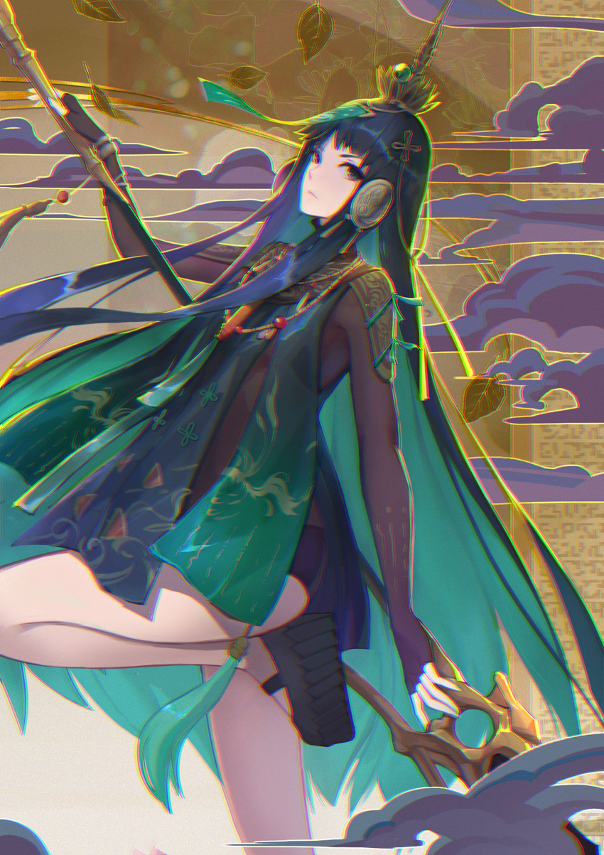 1girl, bangs, black_footwear, black_gloves, china_dress, chinese_clothes, chromatic_aberration, closed_mouth