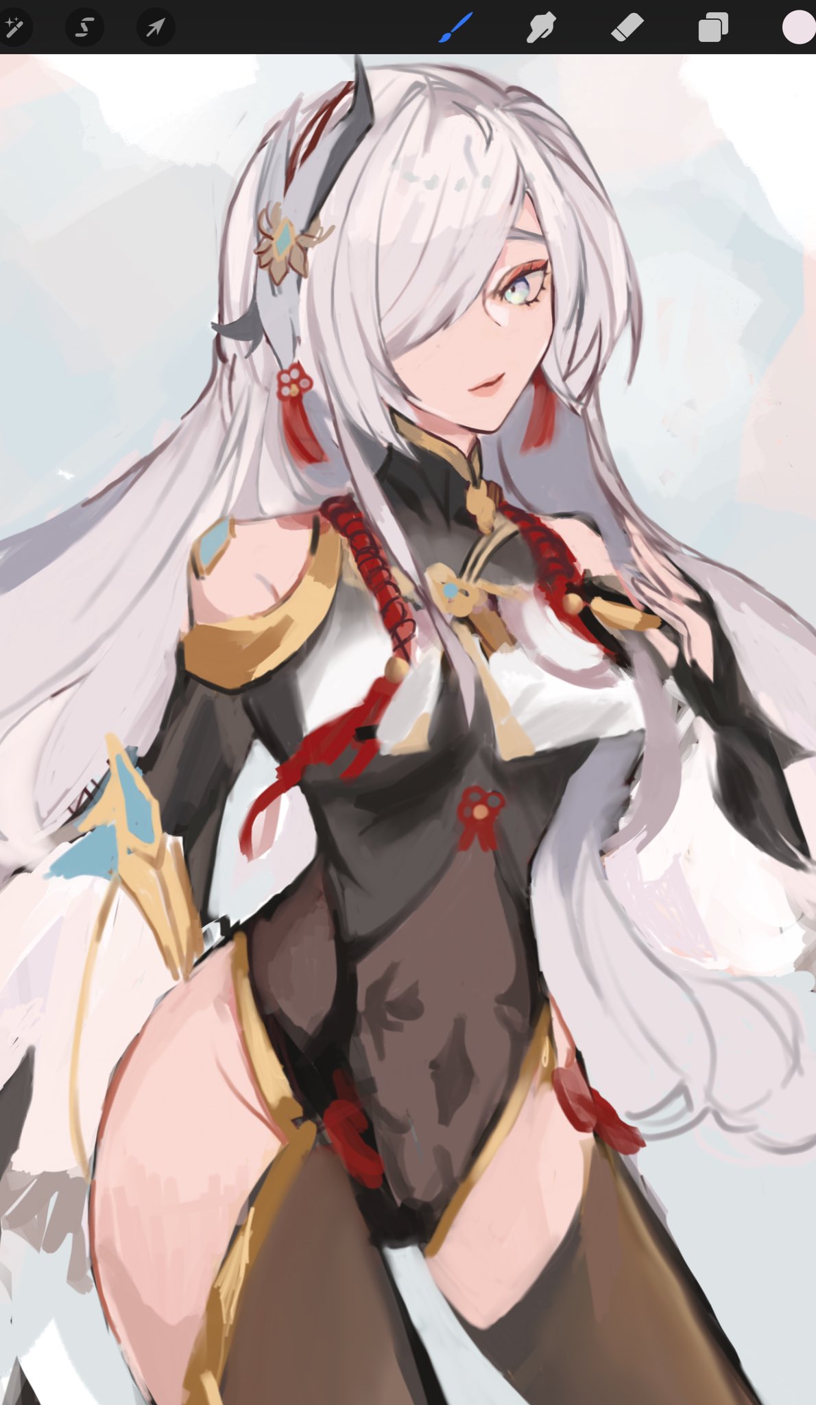 1girl, bangs, black_bodysuit, black_gloves, bodystocking, bodysuit, breasts, clothing_cutout, detached_sleeves, fingerless_gloves, genshin_impact, gloves, grey_eyes, hair_over_one_eye, head_tilt, highres, hip_vent, huni_(hooneyii), long_hair, looking_at_viewer, looking_down, medium_breasts, one_eye_covered, shenhe_(genshin_impact), shoulder_cutout, silver_hair, sketch, smile, solo, unfinished, very_long_hair