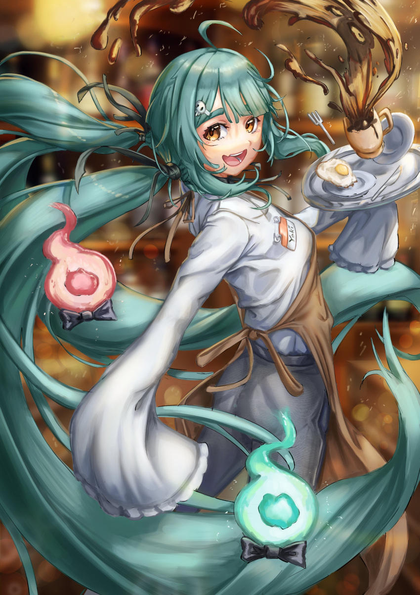 1girl, absurdres, ass, bangs, black_bow, bow, breasts, coffee