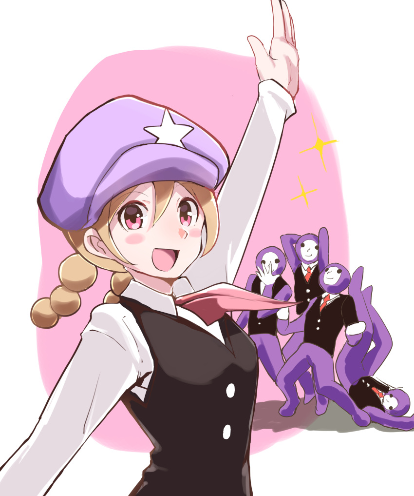 1girl, 4boys, absurdres, arm_up, blush, braid, brown_hair, character_request