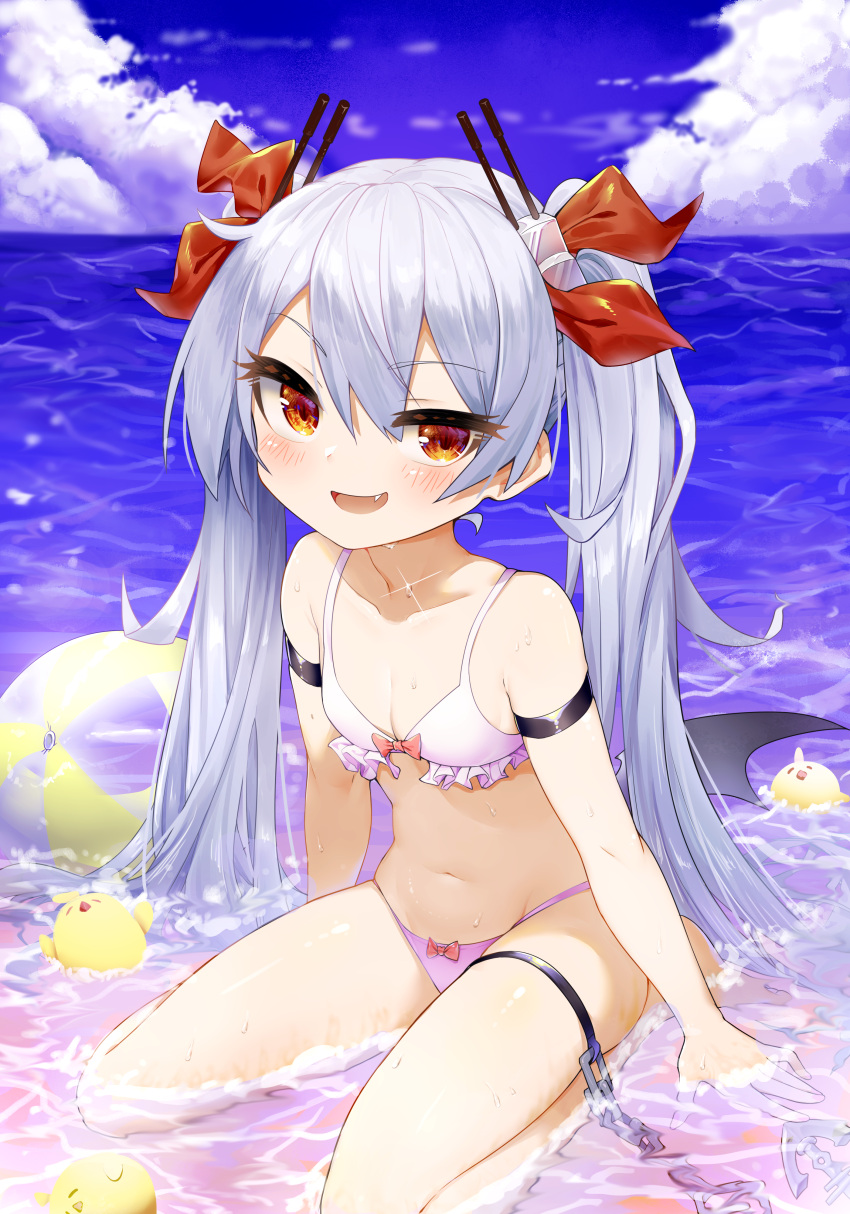 1girl, :d, absurdres, anchor, armband, azur_lane, ball, beachball