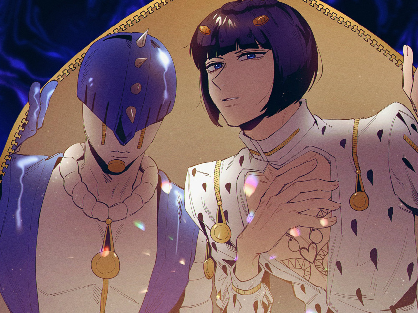 2boys, black_hair, blue_eyes, bob_cut, bruno_buccellati, diffraction_spikes, hair_ornament, hairclip, highres, jojo4_hd, jojo_no_kimyou_na_bouken, male_focus, multiple_boys, stand_(jojo), sticky_fingers_(stand), zipper, zipper_pull_tab