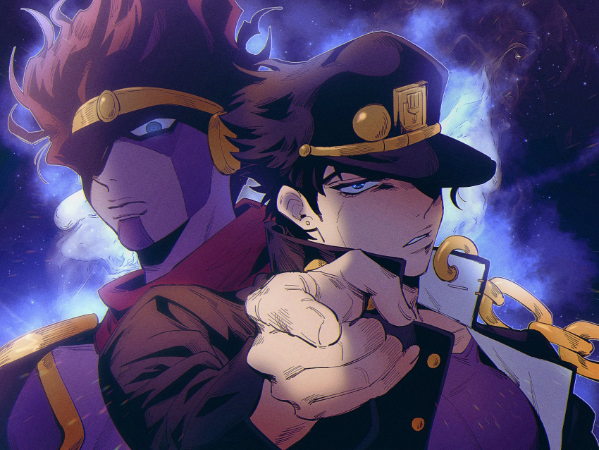 2boys, aura, black_hair, blue_eyes, blue_fire, chain, fire, gakuran