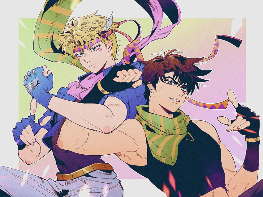 2boys, battle_tendency, blonde_hair, blue_jacket, brown_hair, caesar_anthonio_zeppeli, crop_top, facial_mark
