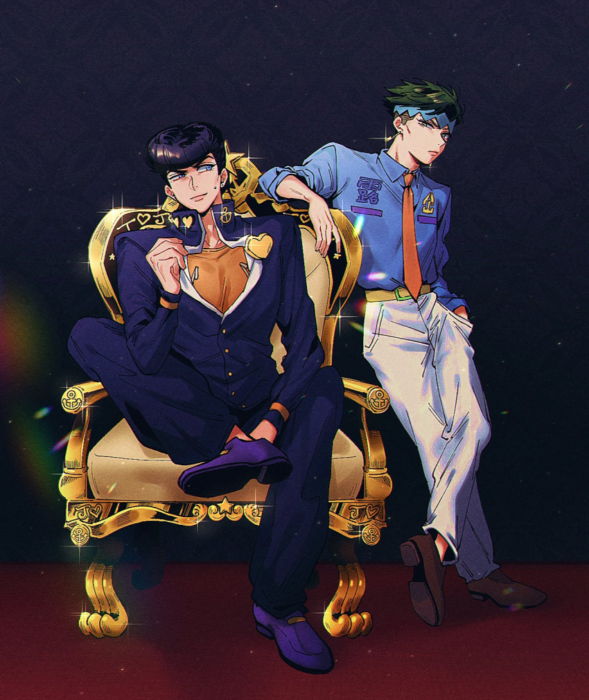 2boys, black_hair, diamond_wa_kudakenai, gakuran, green_eyes, green_hair, hand_in_pocket, headband
