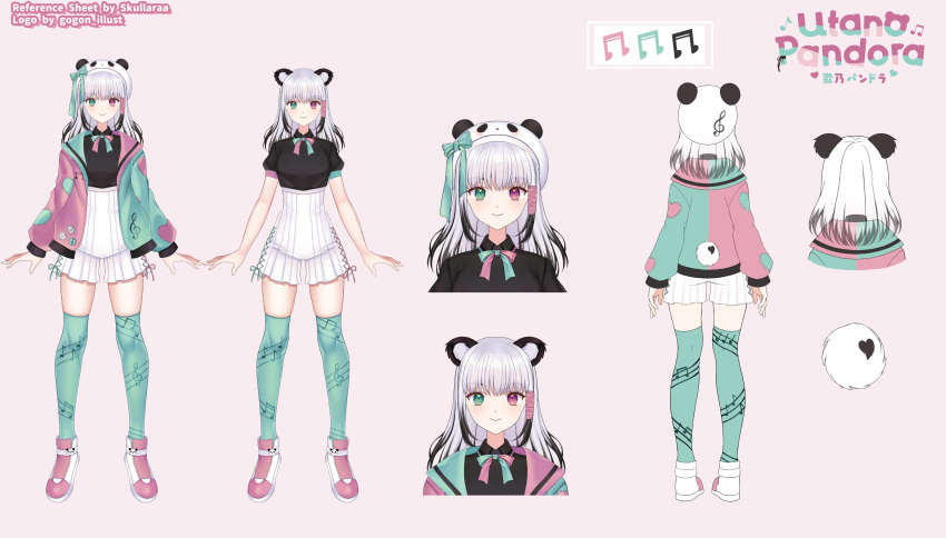 1girl, absurdres, animal_ears, artist_name, beret, black_hair, black_shirt, character_name, character_sheet, collared_shirt, cyberlive, eyebrows_visible_through_hair, gradient_hair, green_eyes, green_jacket, hat, heterochromia, high-waist_shorts, highres, jacket, multicolored_clothes, multicolored_hair, multicolored_jacket, multiple_views, official_art, panda_ears, panda_girl, pink_background, pink_jacket, shirt, shorts, silver_hair, skindentation, skullara, smile, thigh-highs, two-tone_jacket, utano_pandora, violet_eyes, virtual_youtuber, white_headwear, white_shorts