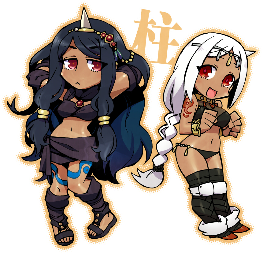 2girls, battle_tendency, black_hair, braid, circlet, dark-skinned_female, dark_skin, hair_tubes, horns, jojo_no_kimyou_na_bouken, knee_pads, loincloth, multiple_girls, pillar_woman, red_eyes, sandals, shoulder_tattoo, single_braid, tattoo, thigh-highs, touma_rui, white_hair