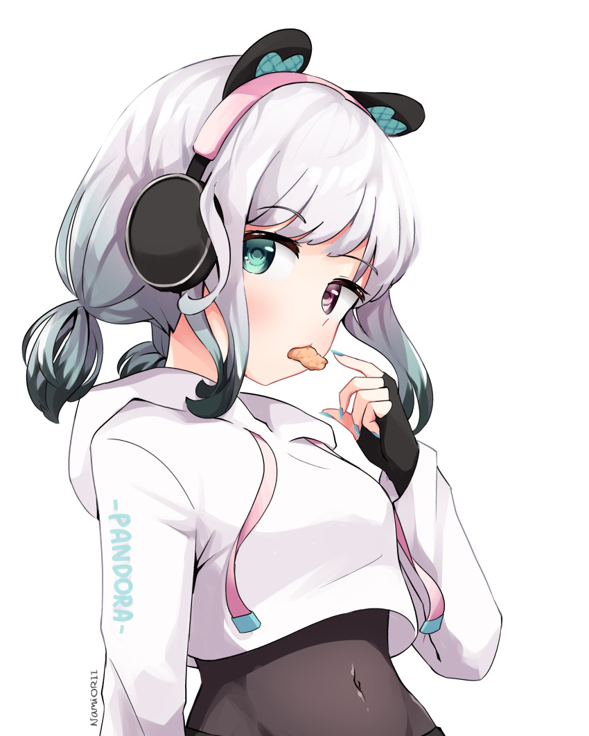 1girl, absurdres, animal_ears, black_gloves, black_hair, bodystocking, breasts, chicken_nuggets