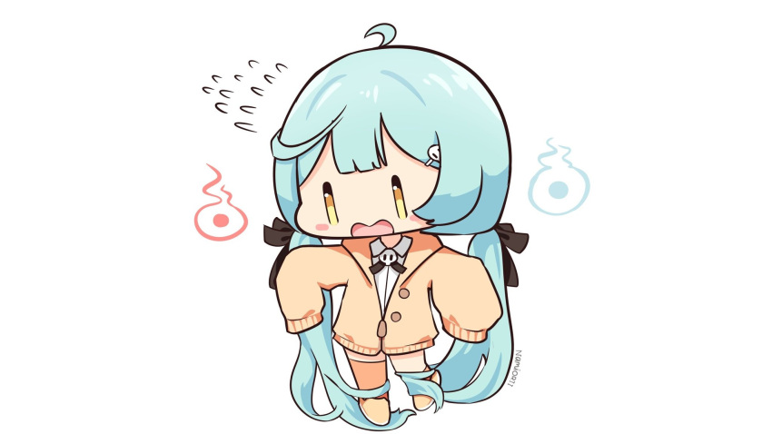 1girl, absurdly_long_hair, artist_name, bangs, blue_hair, blush, chibi, collared_shirt