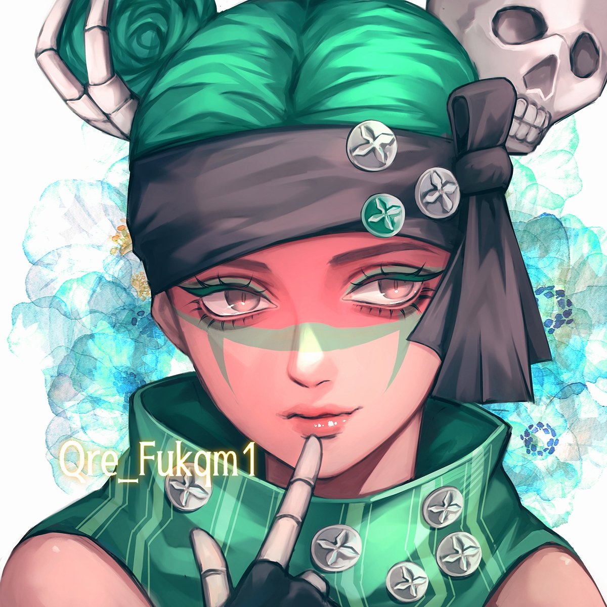 1girl, apex_legends, black_headband, blue_flower, dark-skinned_female, dark_skin, double_bun, eyeshadow, facepaint, flower, green_eyeshadow, green_hair, green_scarf, hair_ornament, headband, highres, lifeline_(apex_legends), makeup, official_alternate_costume, parted_lips, pirate_queen_lifeline, portrait, scarf, skull_hair_ornament, solo, striped, striped_scarf, tama_(ponz3o1)