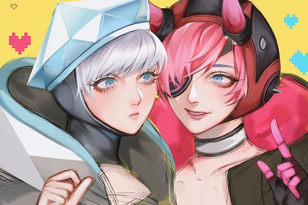 2girls, apex_legends, beret, black_gloves, black_headwear, black_jacket, blue_headwear, clenched_hand