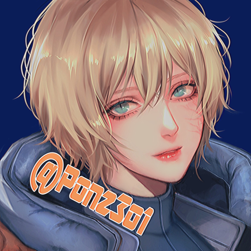 1girl, apex_legends, blonde_hair, blue_background, blue_eyes, blush, bodysuit, hair_between_eyes
