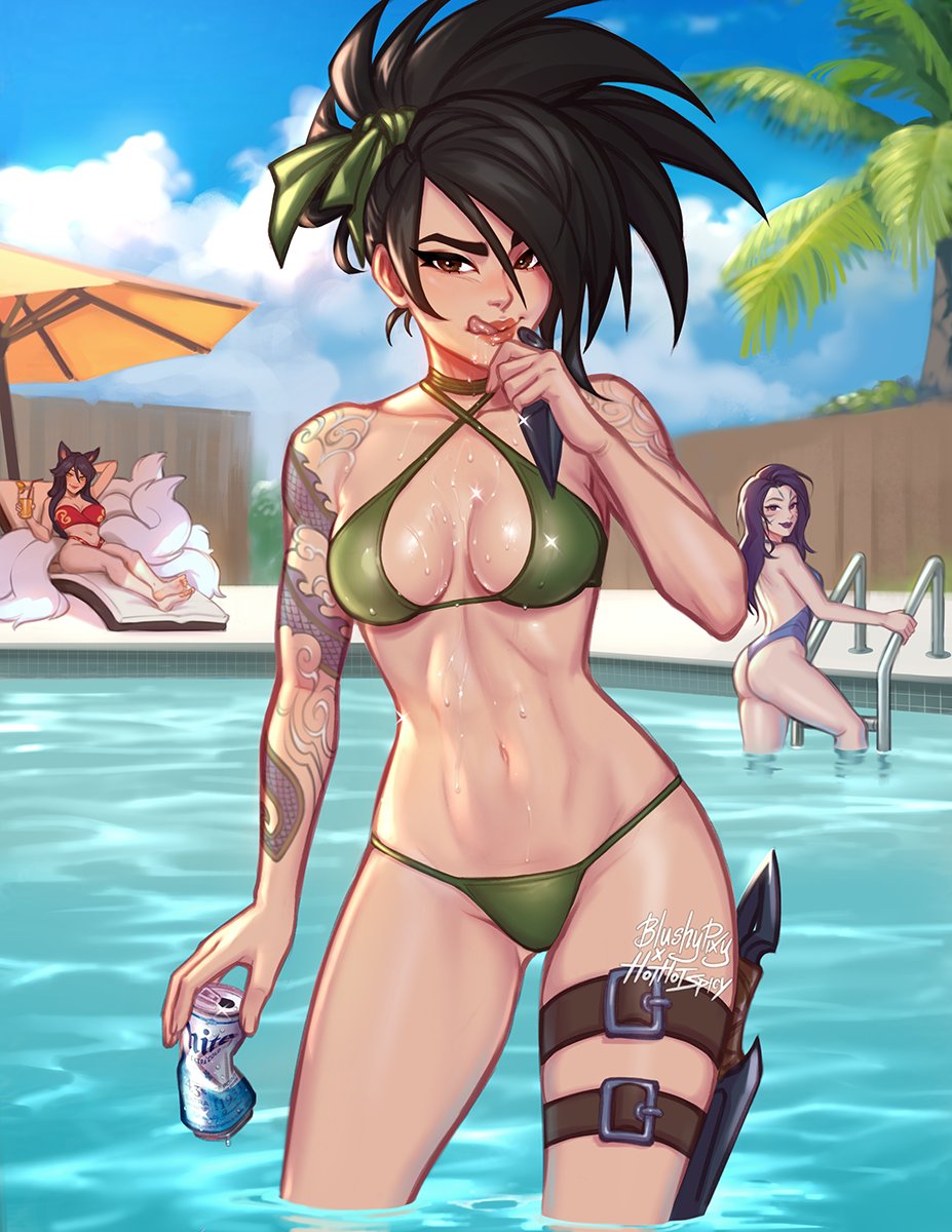 3girls, ahri_(league_of_legends), akali, animal_ears, arm_tattoo, artist_name, ass, bangs