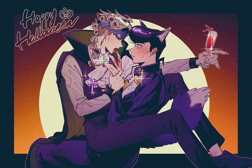 2boys, alcohol, animal_ears, black_hair, blood, blood_on_hands, braid, cape