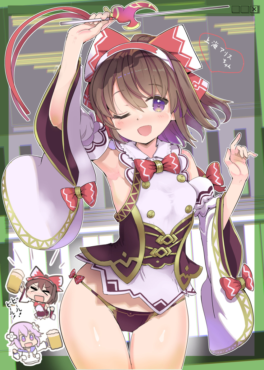 absurdres, bow, bowtie, buttons, choujigen_game_neptune, hairband, highres, holding, holding_needle, needle, neptune_(series), open_mouth, puuakachan, red_bow, red_bowtie, red_hairband, shanghai_alice-chan_(neptune_series), sleeve_bow, white_sleeves