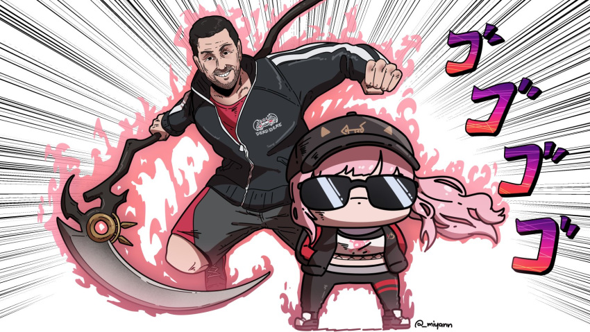 1boy, 1girl, adam_sandler, baseball_cap, black_footwear, black_hair, black_headwear, black_jacket
