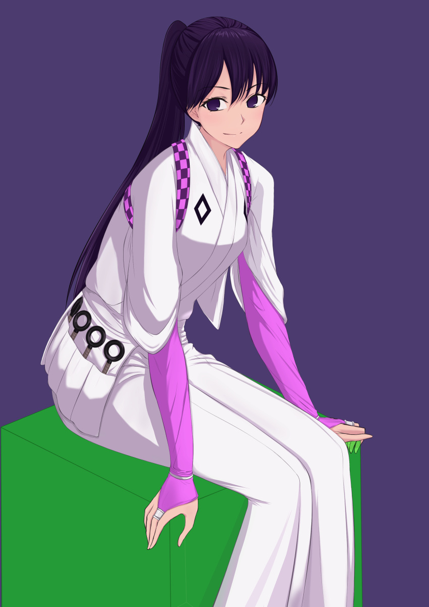 1girl, absurdres, bridal_gauntlets, highres, iwahanabi, kekkaishi, purple_background, purple_bridal_gauntlets
