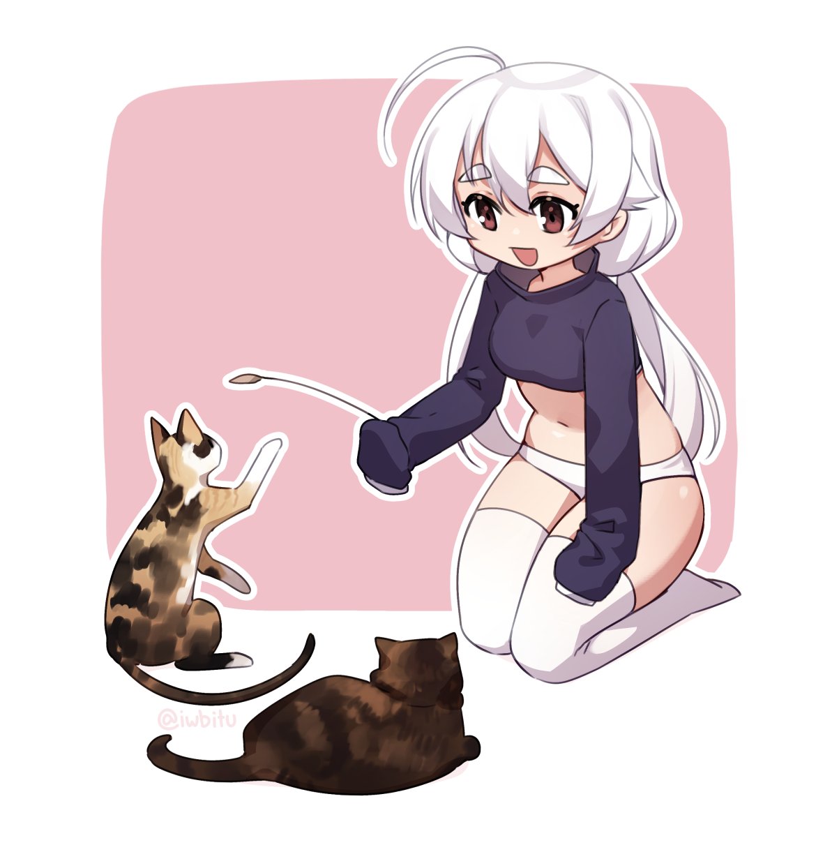 1girl, :d, ahoge, animal, bangs, brown_eyes, cat, cat_teaser