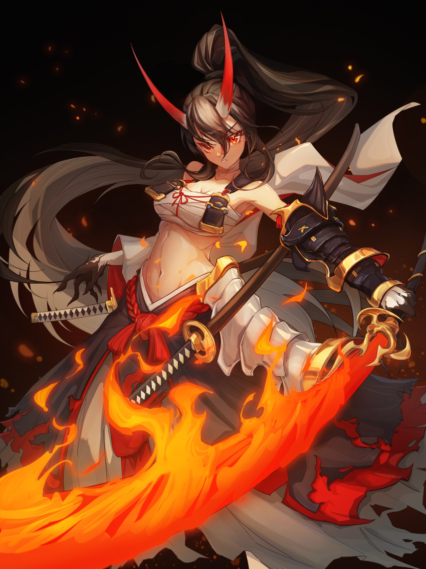 1girl, absurdly_long_hair, absurdres, akakage_youtou_hime_(onmyoji), armor, black_hair, embers, faulds, flaming_sword, flaming_weapon, gauntlets, hair_between_eyes, highres, holding, holding_sword, holding_weapon, horns, katana, long_hair, looking_at_viewer, midriff, navel, onmyoji, parted_lips, ponytail, red_eyes, sarashi, single_gauntlet, solo, sword, torn_clothes, tsurime, very_long_hair, weapon, yepo, youtouhime