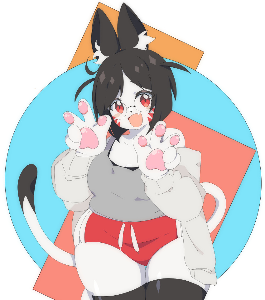 1girl, absurdres, animal_ears, bk_(barakoodra), black_hair, blush, collarbone, facial_mark, fang, furry, glasses, highres, looking_at_viewer, open_mouth, original, plump, red_eyes, round_eyewear, short_hair, smile, solo, tail