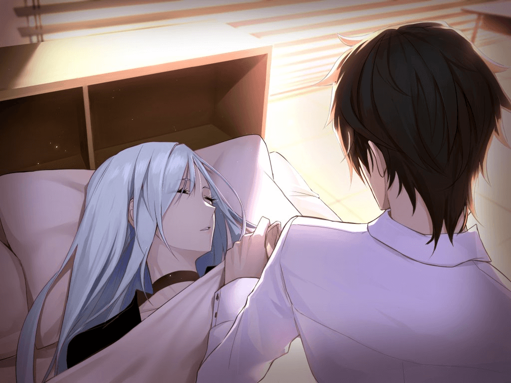 1boy, 1girl, bangs, bed_sheet, black_choker, brown_hair, brynhildr_(fate), choker, closed_eyes, collarbone, fate/empire_of_dirt, fate_(series), game_cg, hair_between_eyes, ikemeru19, indoors, long_hair, looking_at_another, lying, nursing, on_back, parted_lips, pillow, shiny, shiny_hair, shirt, short_hair, silver_hair, sleeping, under_covers, white_shirt