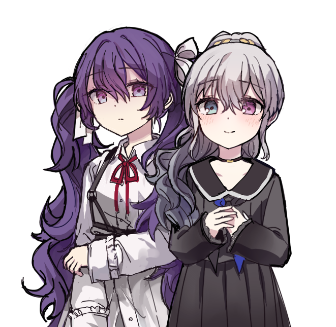 0827el, 25-ji_miku, 2girls, alternate_hair_length, alternate_hairstyle, asahina_mafuyu, asahina_mafuyu_(cosplay), bangs