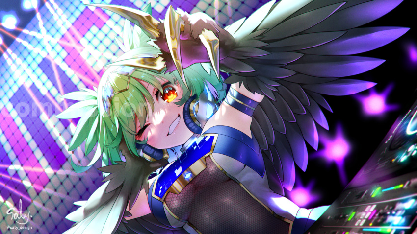1girl, artist_name, bangs, black_feathers, black_wings, breasts, claws, commentary_request
