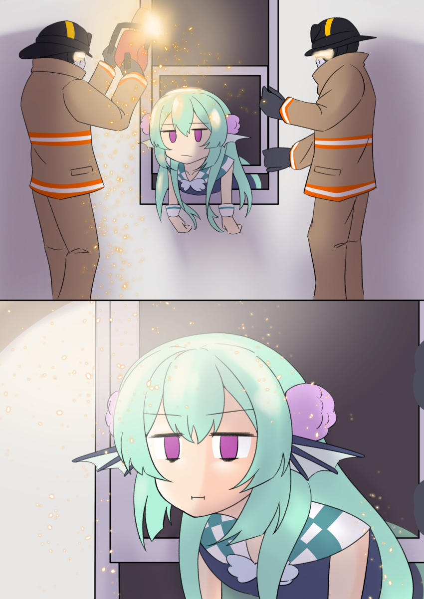 1girl, absurdres, eyebrows_visible_through_hair, favoritevoidpixel, finana_ryugu, firefighter, flower, green_hair