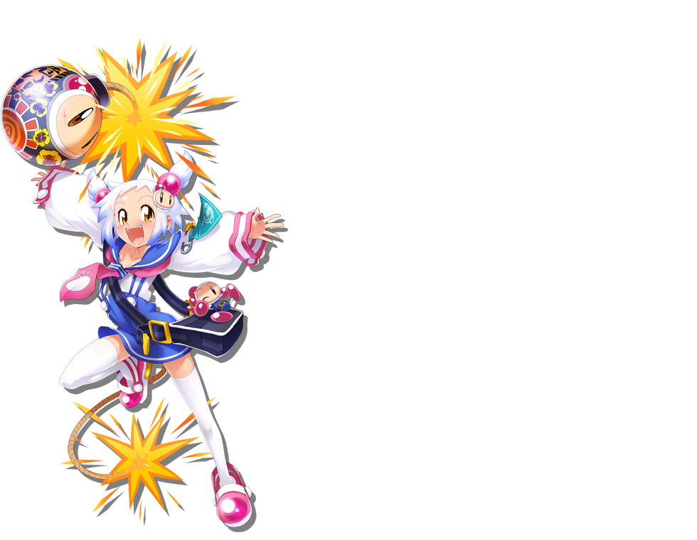 1girl, blue_hair, blush, bomb, bombergirl, brown_eyes, eyebrows_visible_through_hair, full_body, hair_bobbles, hair_ornament, long_sleeves, looking_at_viewer, official_art, open_mouth, pink_footwear, shiron_(bombergirl), short_hair, short_twintails, smile, solo, spiky_hair, thigh-highs, transparent_background, twintails, white_hair, white_legwear