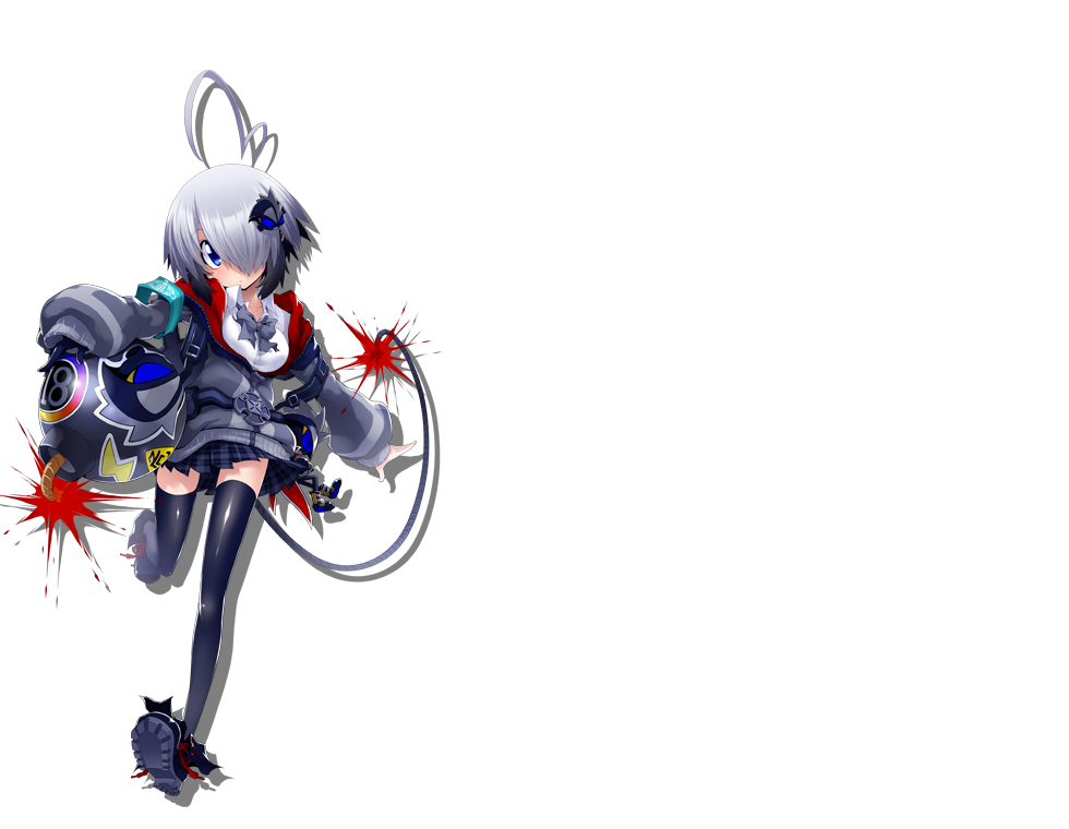 1girl, ahoge, black_hair, black_legwear, blue_eyes, bombergirl, eyebrows_visible_through_hair, full_body