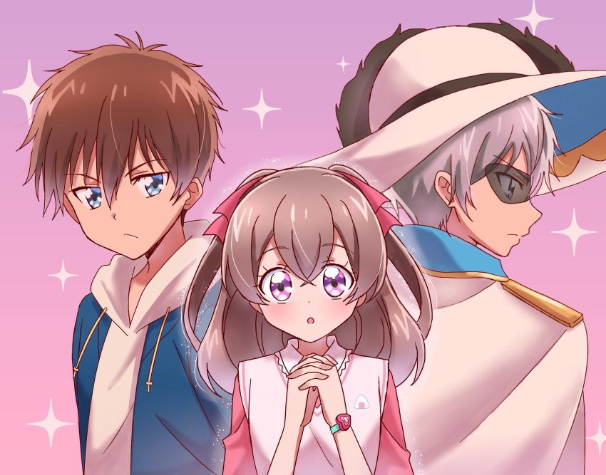 1girl, 2boys, blue_eyes, brown_hair, cape, character_request, closed_mouth, delicious_party_precure