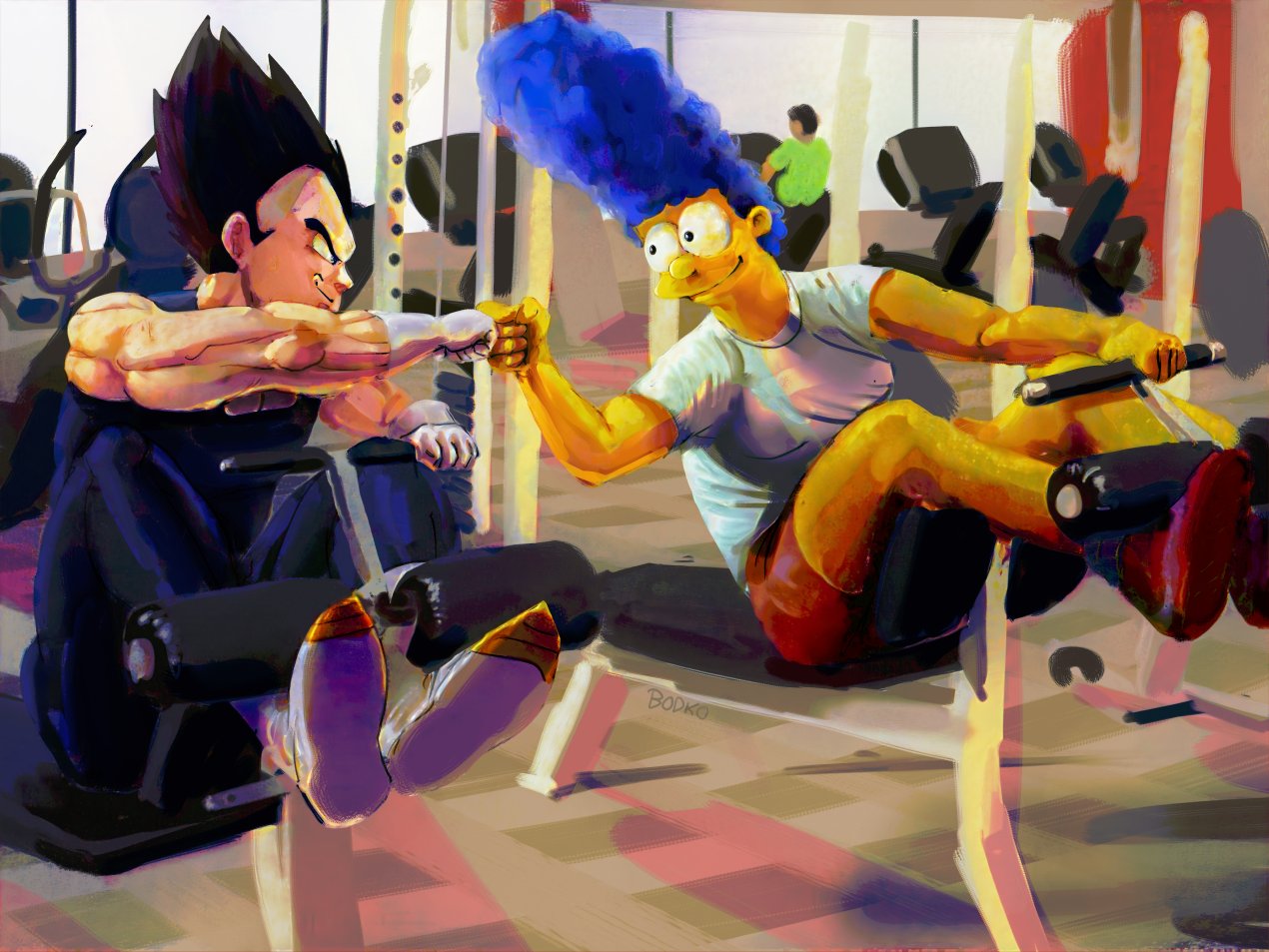 1boy, 1girl, black_hair, blue_hair, bodko_(comradebodko), colored_skin, crossover, dragon_ball