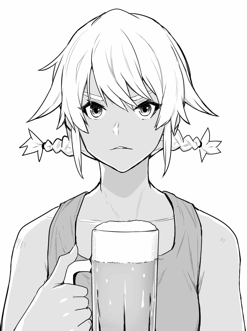 1girl, absurdres, alcohol, bangs, bare_shoulders, beer, beer_mug, collarbone