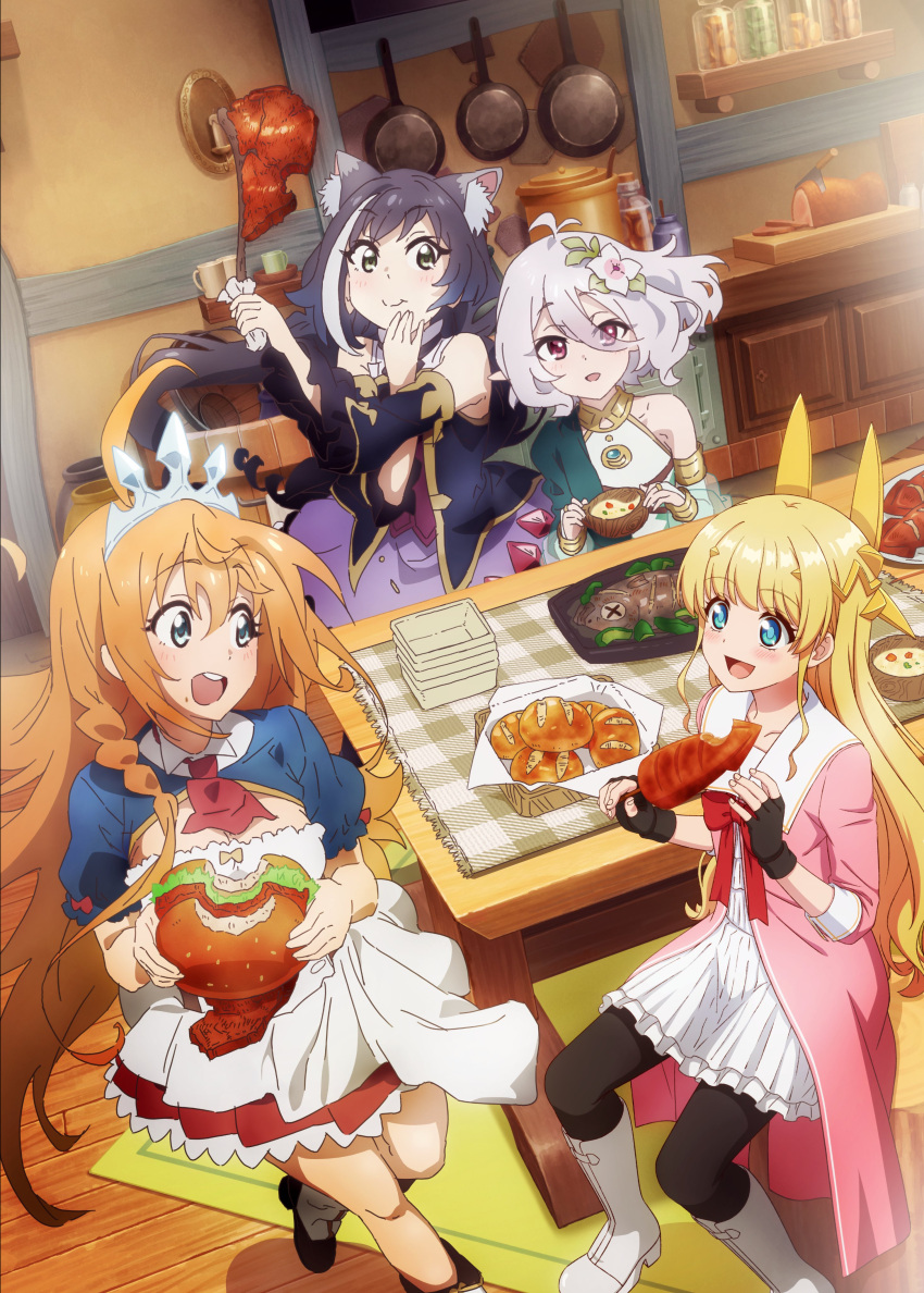 4girls, absurdres, ahoge, animal_ear_fluff, animal_ears, antenna_hair, bangs, black_hair, black_legwear, blonde_hair, blue_eyes, blue_sleeves, boots, bread, brown_hair, burger, cat_ears, cat_girl, crossover, dutch_angle, eating, elf, eyebrows_visible_through_hair, fantasy_bishoujo_juniku_ojisan_to, flower, food, genderswap, genderswap_(mtf), green_eyes, grilled_fish, hair_flower, hair_ornament, highres, holding, ichimichi_mao, karyl_(princess_connect!), kitchen, knee_boots, kokkoro_(princess_connect!), long_hair, low_twintails, multicolored_hair, multiple_girls, official_art, open_mouth, pantyhose, pecorine_(princess_connect!), pointy_ears, princess_connect!, short_hair, squid, steak, streaked_hair, table, tachibana_hinata_(fabiniku), twintails, violet_eyes, voice_actor_connection