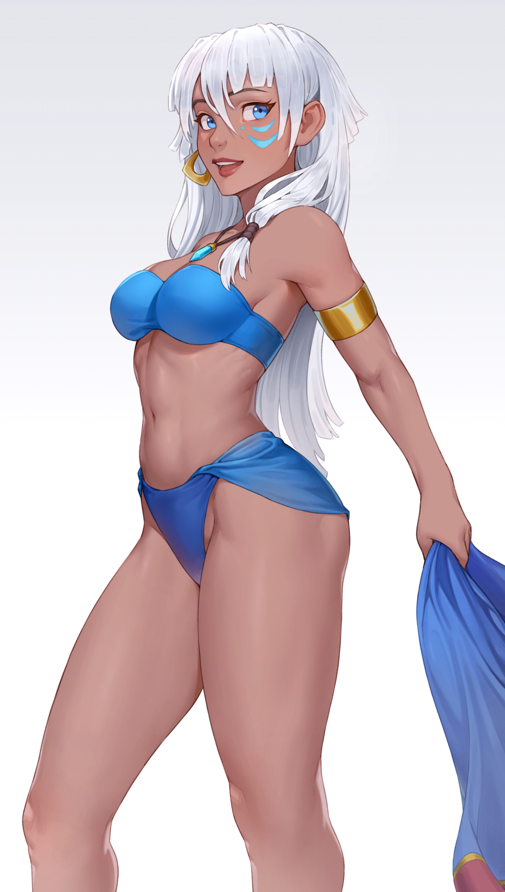 1girl, armlet, atlantis:_the_lost_empire, bandeau, bangs, bare_shoulders, bikini, blue_eyes