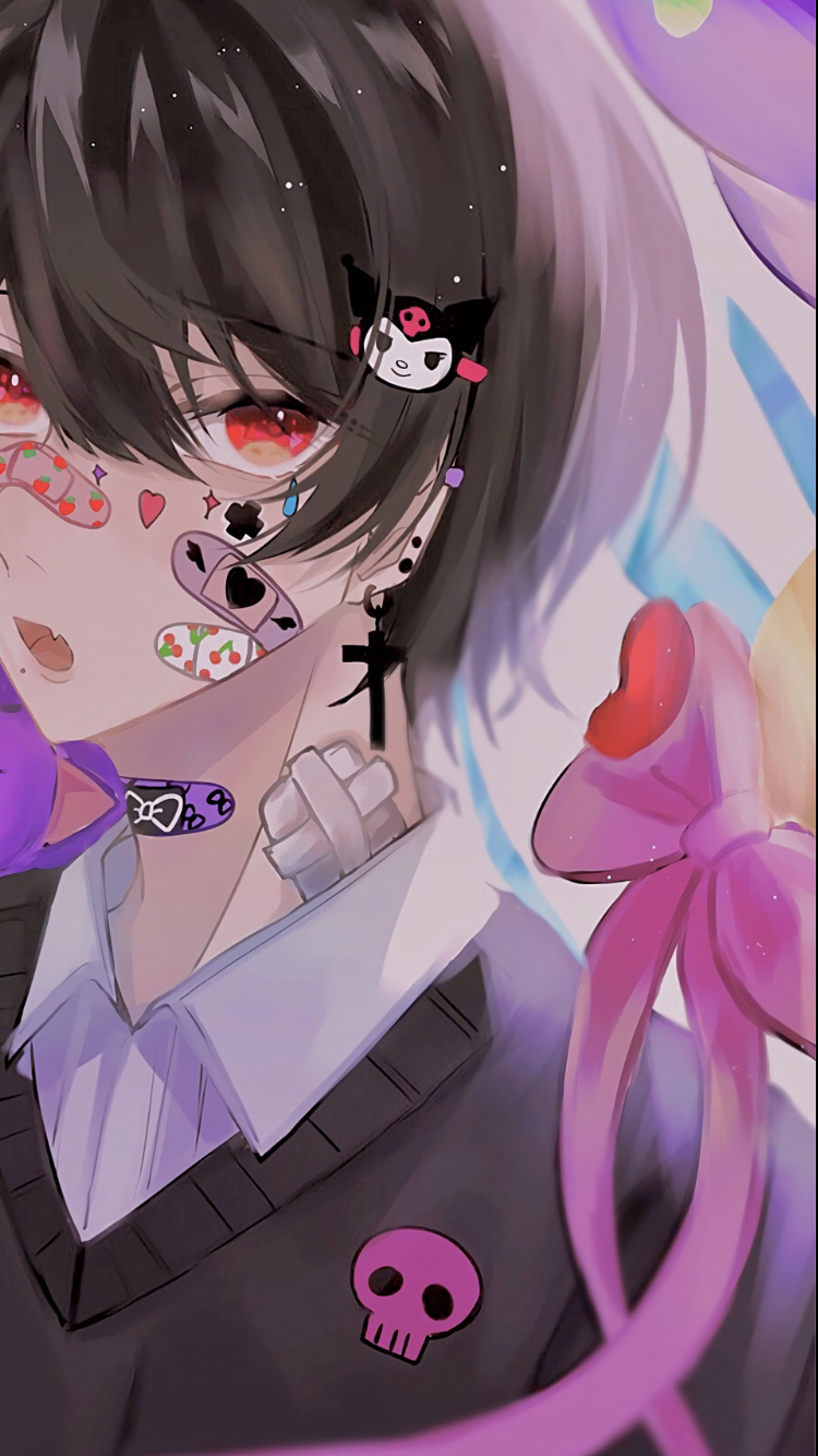 1other, 90_cis, androgynous, bandaid, black_hair, bow, brown_hair, cross