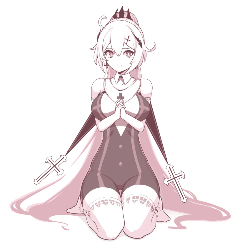 1girl, absurdres, alternate_hairstyle, bails, bangs, bare_shoulders, breasts, closed_mouth, earrings, elbow_gloves, full_body, gloves, hair_ornament, highres, honkai_(series), honkai_impact_3rd, jewelry, kiana_kaslana, kiana_kaslana_(divine_prayer), long_hair, looking_at_viewer, monochrome, nun, own_hands_together, ponytail, praying, seiza, sitting, smile, solo, thigh-highs, white_background, white_gloves, white_hair, white_legwear