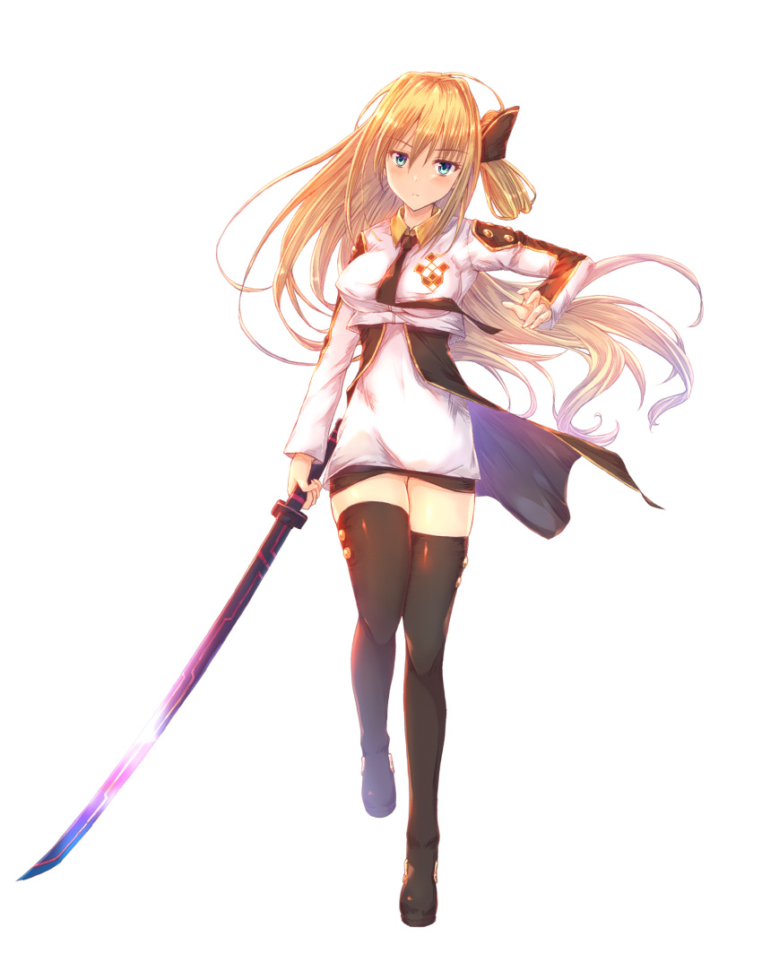 1girl, alstakayuki, arm_behind_back, bangs, blonde_hair, blue_background, blue_eyes, blurry, blurry_background, breasts, brown_dress, brown_legwear, brown_neckwear, collared_dress, commentary_request, cowlick, dress, duel_monster, eyebrows_visible_through_hair, hair_ornament, hand_on_own_thigh, highres, light_particles, long_hair, long_sleeves, looking_at_viewer, medium_breasts, necktie, shadow, short_dress, sky_striker_ace_-_raye, smile, solo, sparkle, thigh-highs, two-tone_background, two-tone_dress, white_dress, yu-gi-oh!, yuu-gi-ou