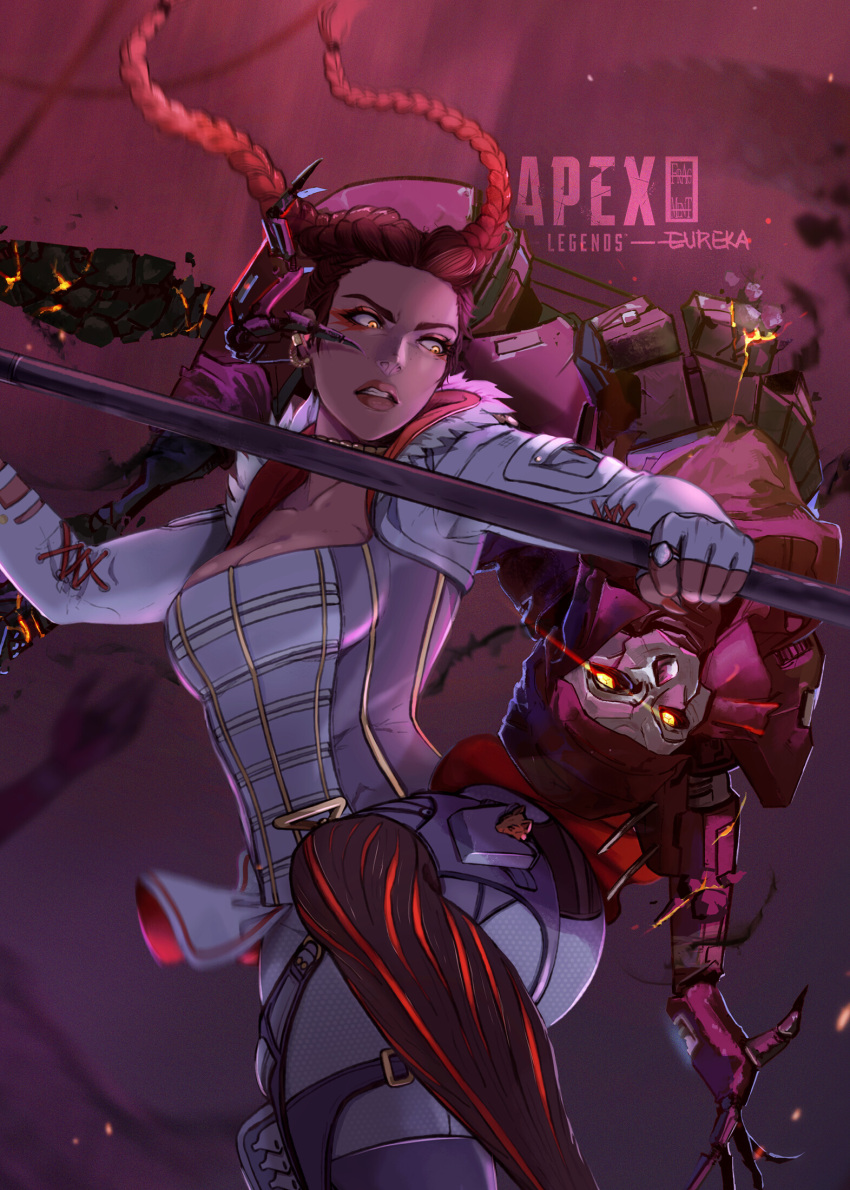 1boy, 1girl, apex_legends, ass, braid, breasts, brown_hair, collaboration