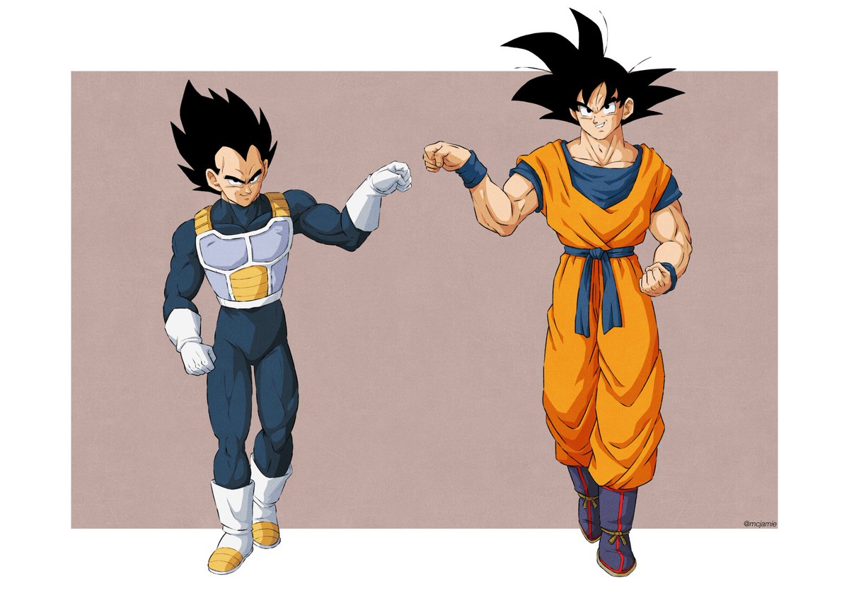 2boys, armor, black_eyes, black_hair, boots, clenched_hands, commentary, dougi