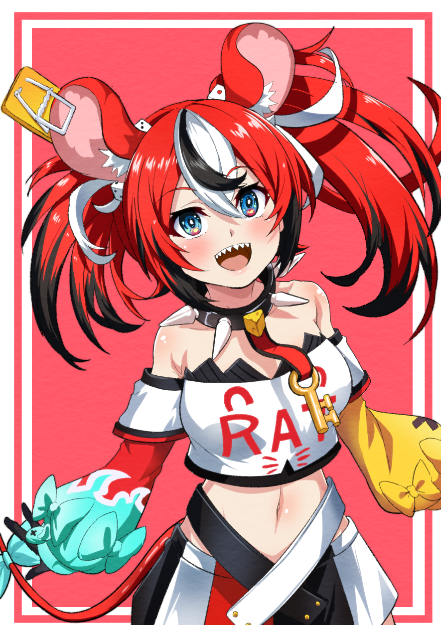 1girl, animal_ear_fluff, animal_ears, bare_shoulders, black_hair, blue_eyes, cheese, collar