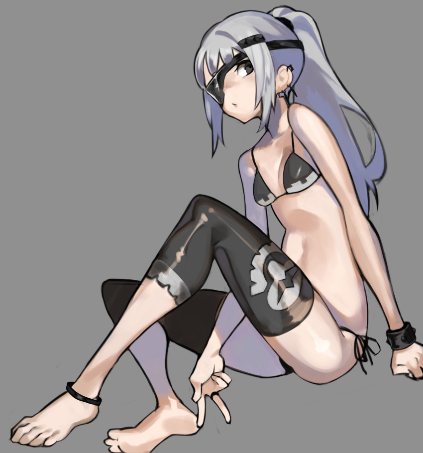 1girl, anklet, balance_(superdust), bare_arms, barefoot, bikini, black_bikini, black_eyepatch