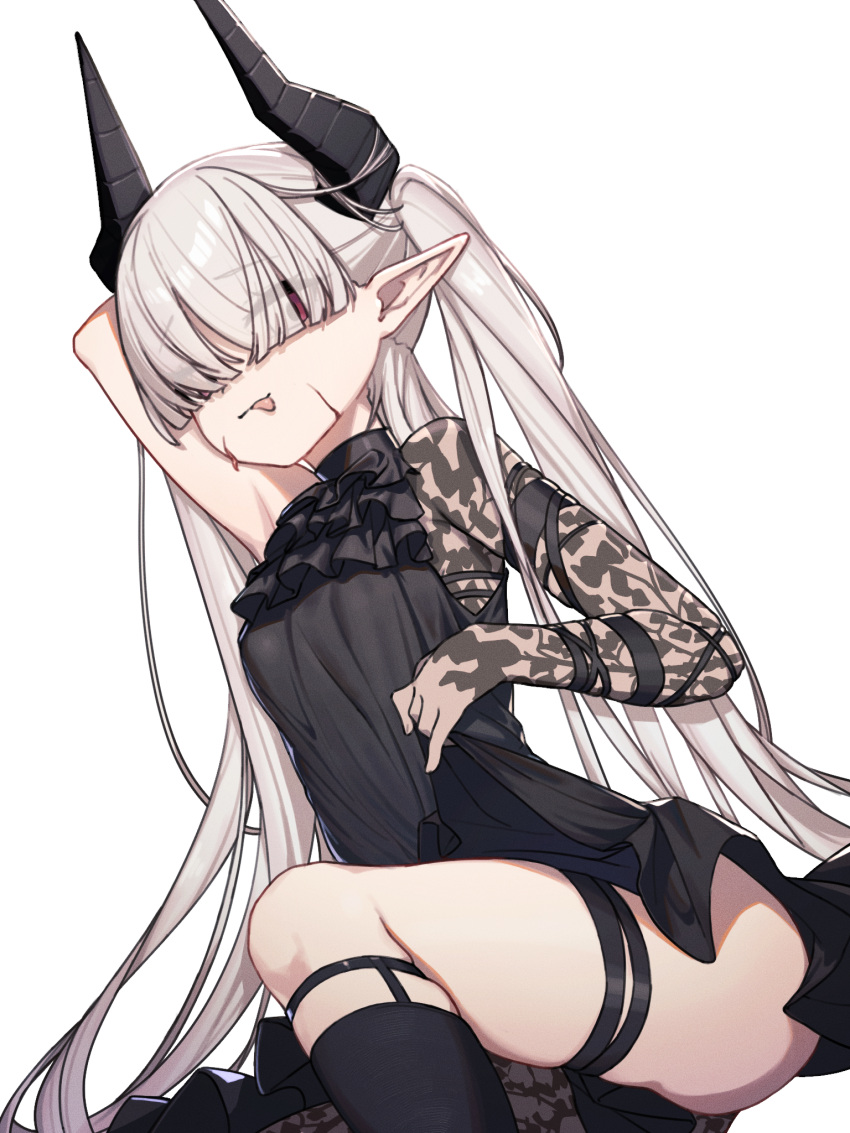 1girl, :p, arknights, arm_behind_head, arm_up, bare_shoulders, black_dress, black_legwear