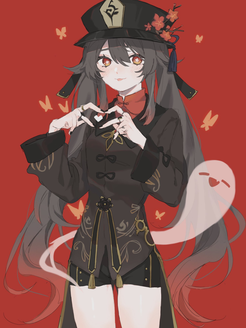 1girl, animal, black_headwear, black_nails, blush, branch, bright_pupils, bug