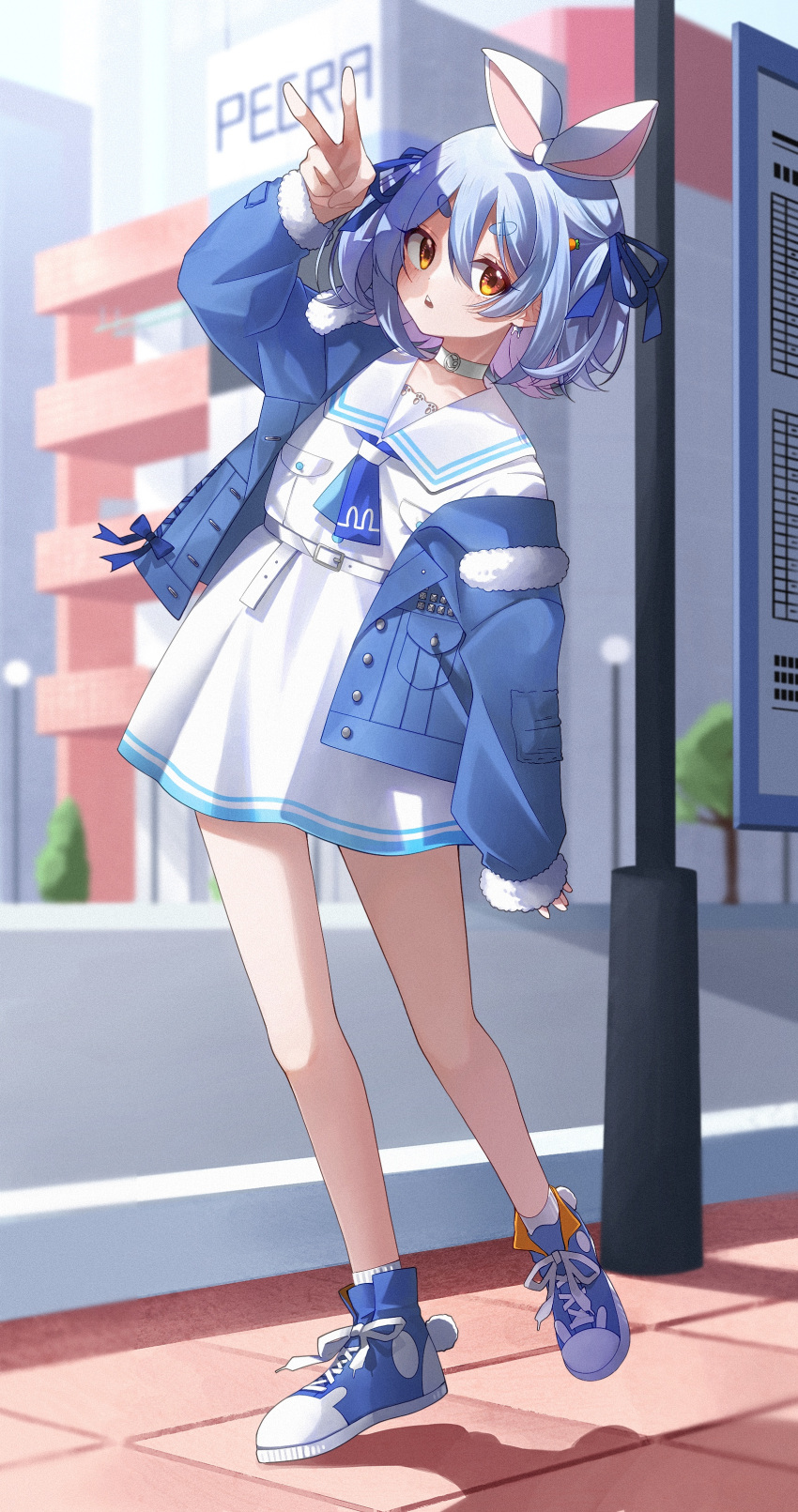 1girl, absurdres, animal_ears, blue_jacket, blue_neckerchief, blue_ribbon, choker, city, colored_inner_hair, dress, hair_ribbon, highres, hololive, honyaragedon, jacket, looking_at_viewer, medium_hair, multicolored_hair, neckerchief, orange_eyes, rabbit_ears, rabbit_girl, ribbon, sailor_collar, sailor_dress, short_dress, solo, thick_eyebrows, usada_pekora, v, virtual_youtuber, white_choker, white_dress, white_sailor_collar
