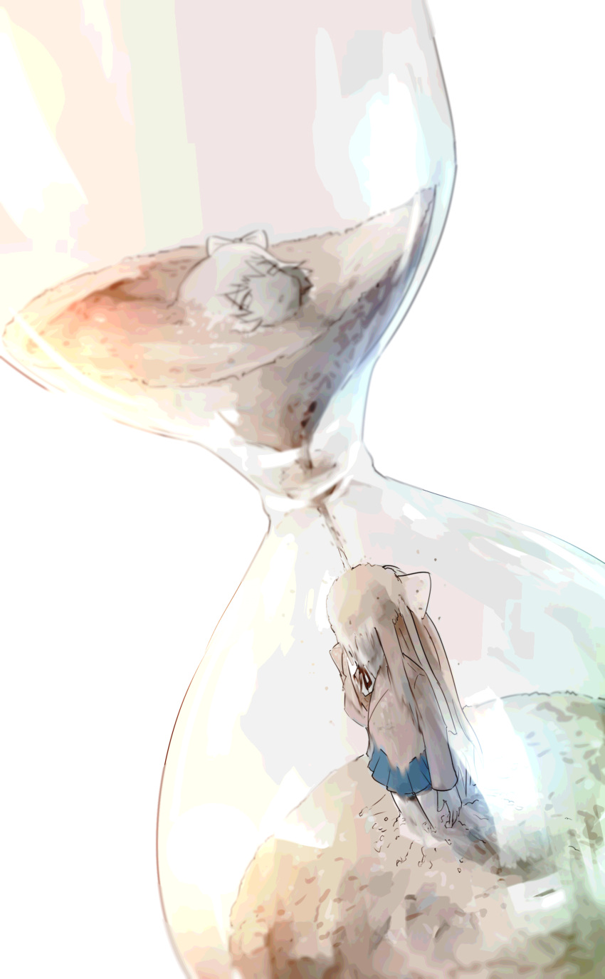 2girls, absurdres, bow, covered_face, doki_doki_literature_club, highres, hourglass, masuda_(agga), melting, monika_(doki_doki_literature_club), multiple_girls, ribbon, sayori_(doki_doki_literature_club), school_uniform, simple_background, white_background, white_bow